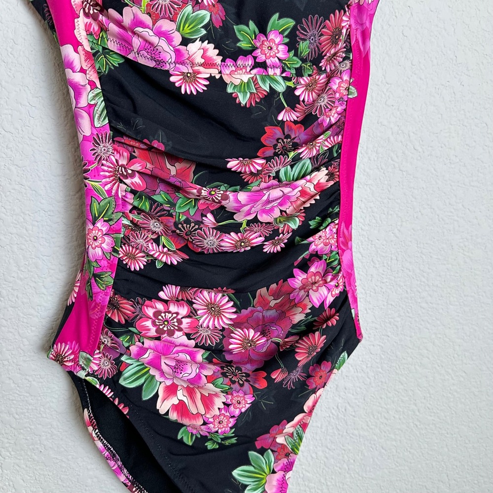 Johnny Was Blum Ruched One Piece Swimsuit Floral Black Pink CSW5824-N Mens XS - Picture 3 of 9